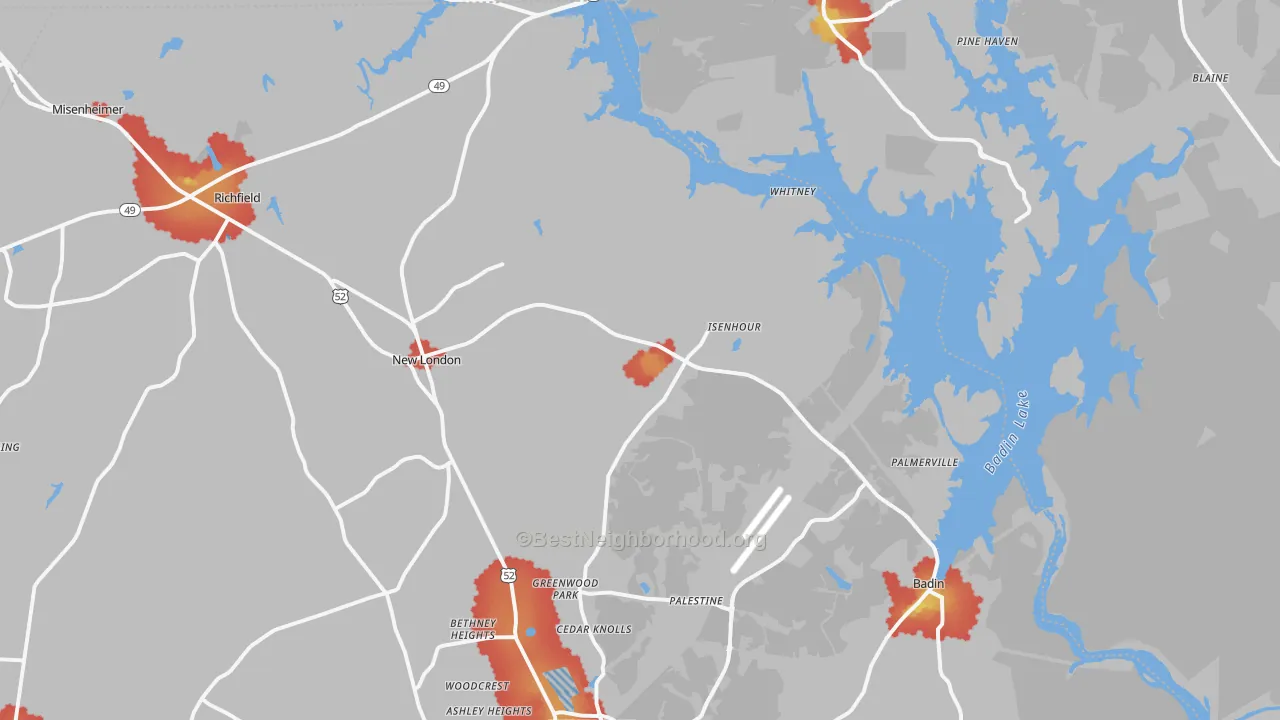 Walk Grade map of 28127, NC, walkable areas in green and car-dependent areas in red