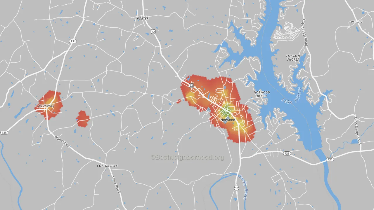 Walk Grade map of 28128, NC, walkable areas in green and car-dependent areas in red