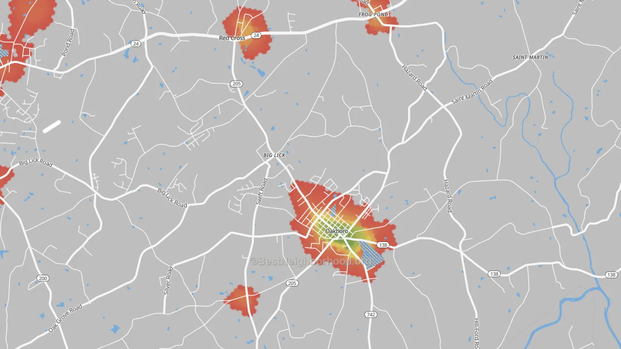Walk Grade map of 28129, NC, walkable areas in green and car-dependent areas in red