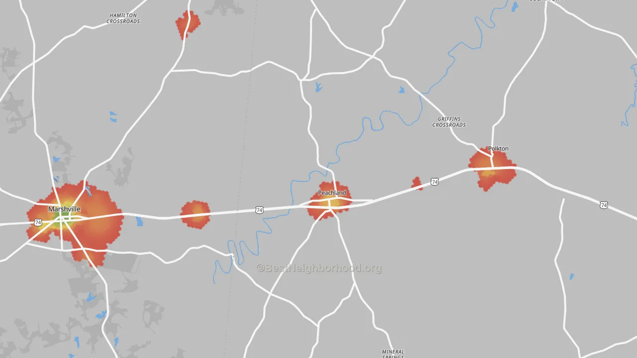 Walk Grade map of 28133, NC, walkable areas in green and car-dependent areas in red