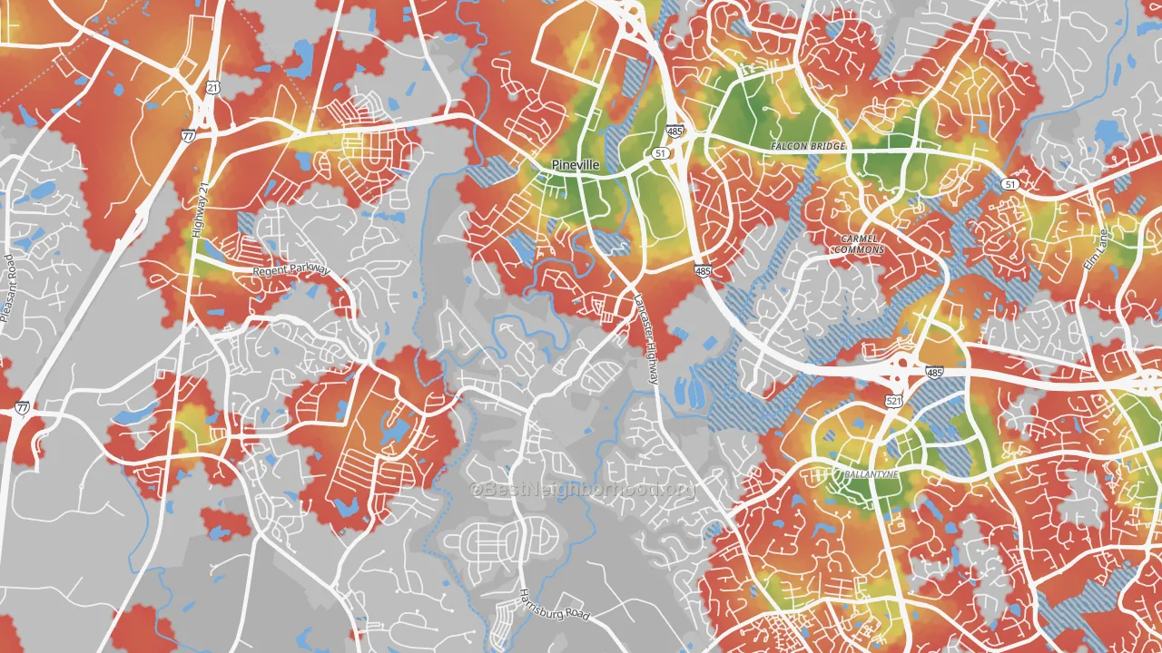 Walk Grade map of 28134, NC, walkable areas in green and car-dependent areas in red
