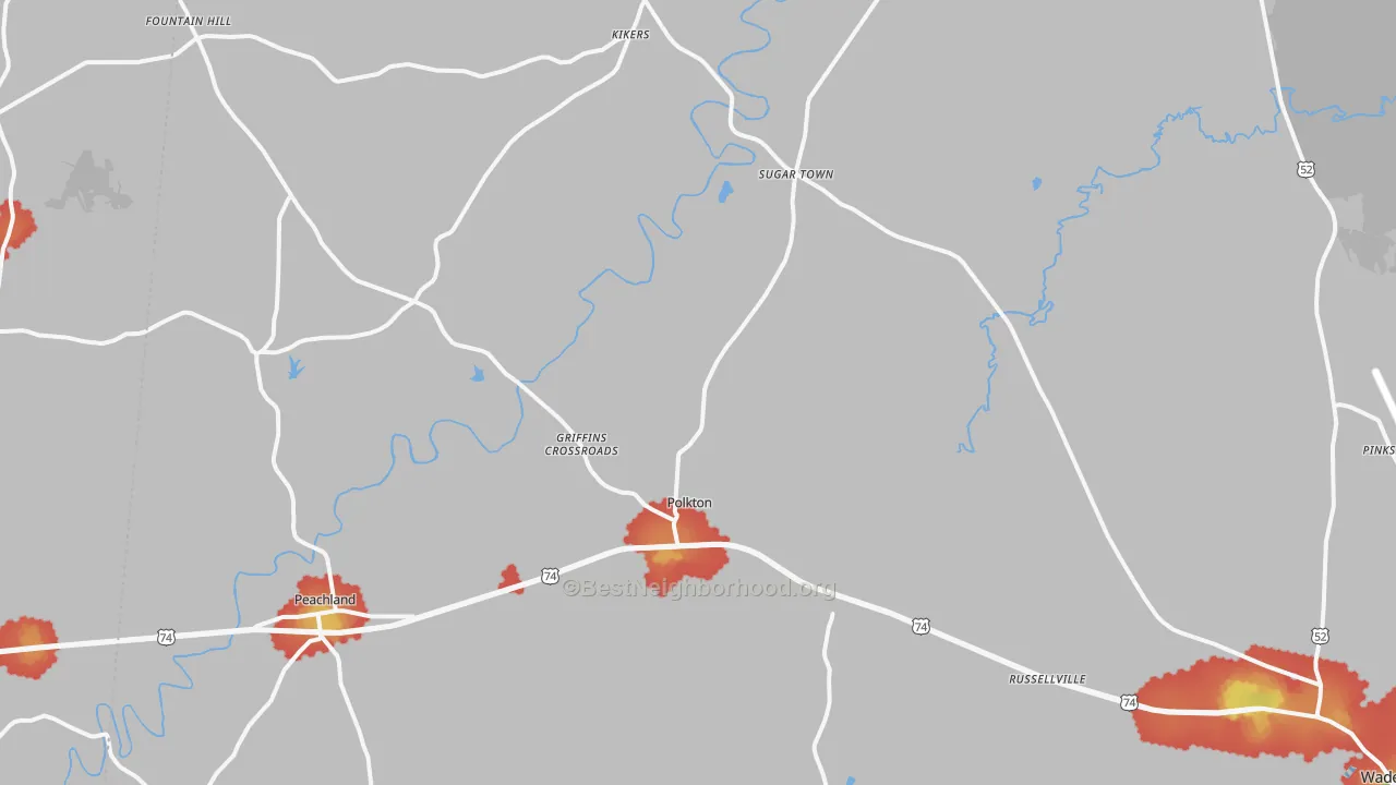 Walk Grade map of 28135, NC, walkable areas in green and car-dependent areas in red