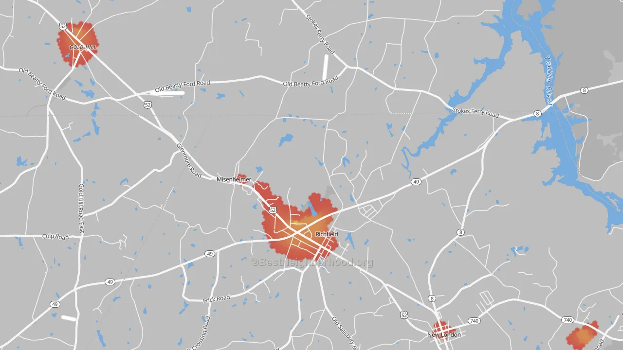 Walk Grade map of 28137, NC, walkable areas in green and car-dependent areas in red