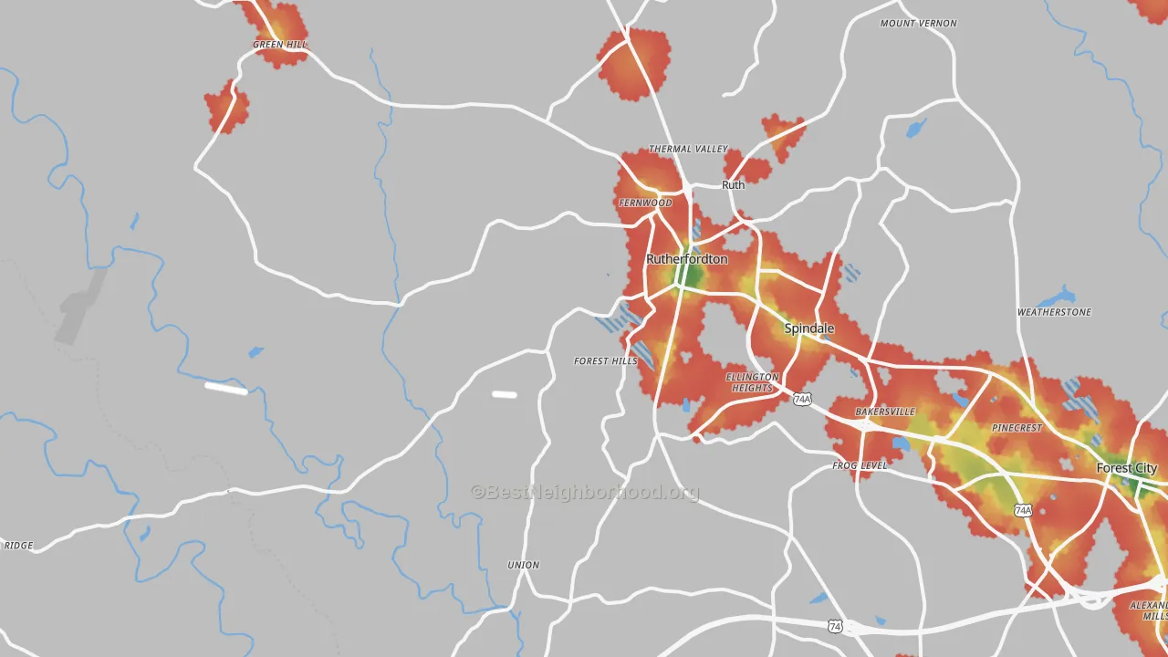 Walk Grade map of 28139, NC, walkable areas in green and car-dependent areas in red