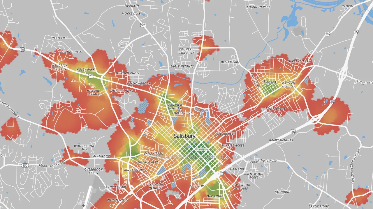 Walk Grade map of 28144, NC, walkable areas in green and car-dependent areas in red