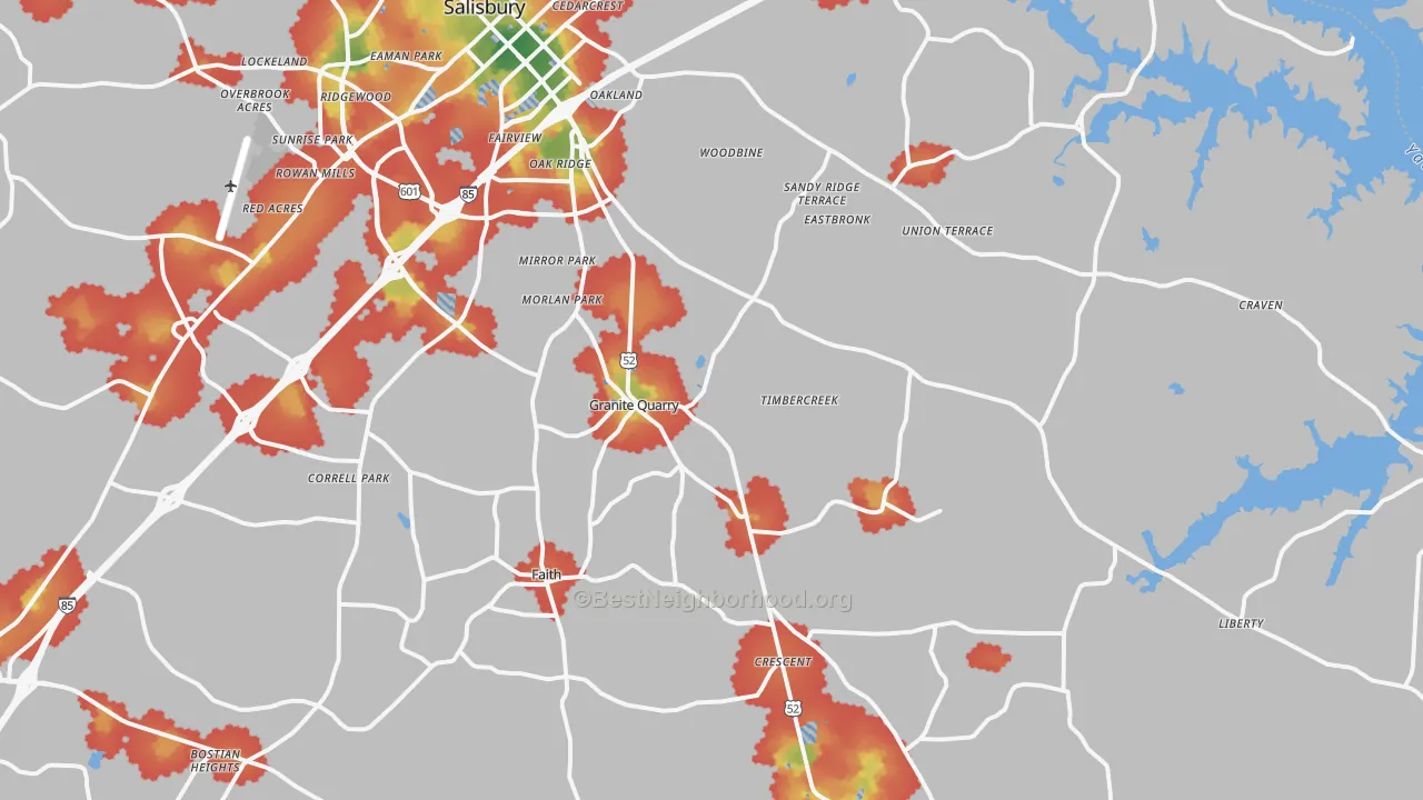 Walk Grade map of 28146, NC, walkable areas in green and car-dependent areas in red