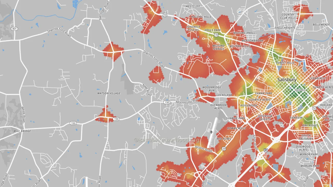 Walk Grade map of 28147, NC, walkable areas in green and car-dependent areas in red