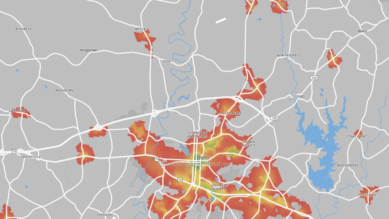 Walk Grade map of 28150, NC, walkable areas in green and car-dependent areas in red