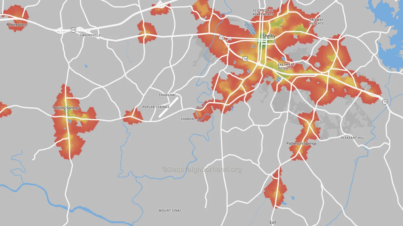 Walk Grade map of 28152, NC, walkable areas in green and car-dependent areas in red