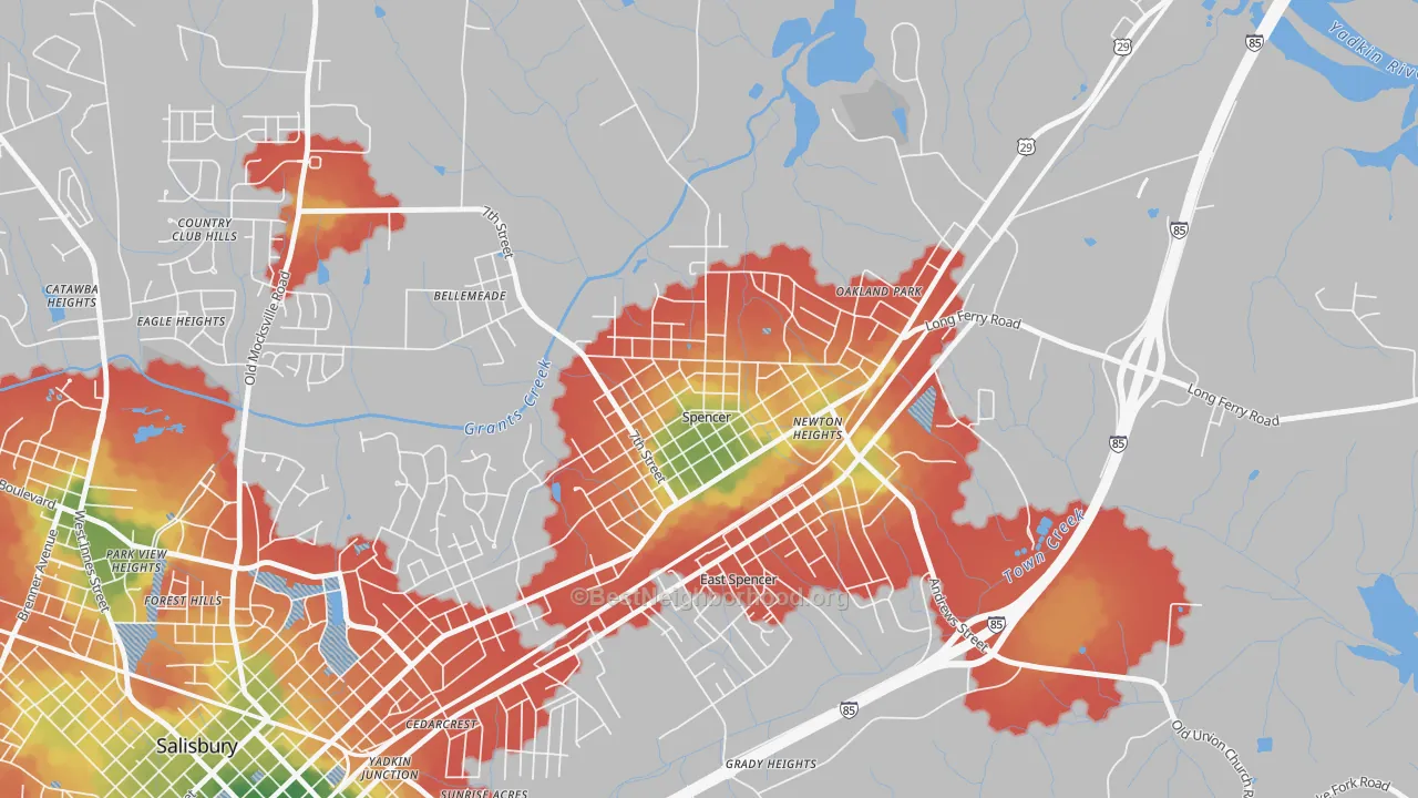 Walk Grade map of 28159, NC, walkable areas in green and car-dependent areas in red