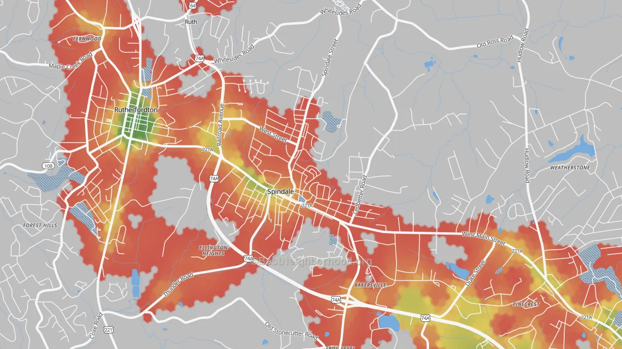 Walk Grade map of 28160, NC, walkable areas in green and car-dependent areas in red