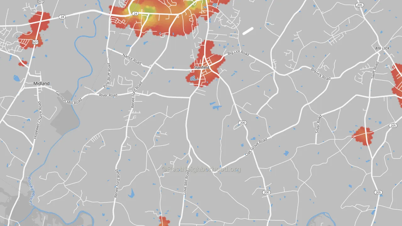 Walk Grade map of 28163, NC, walkable areas in green and car-dependent areas in red