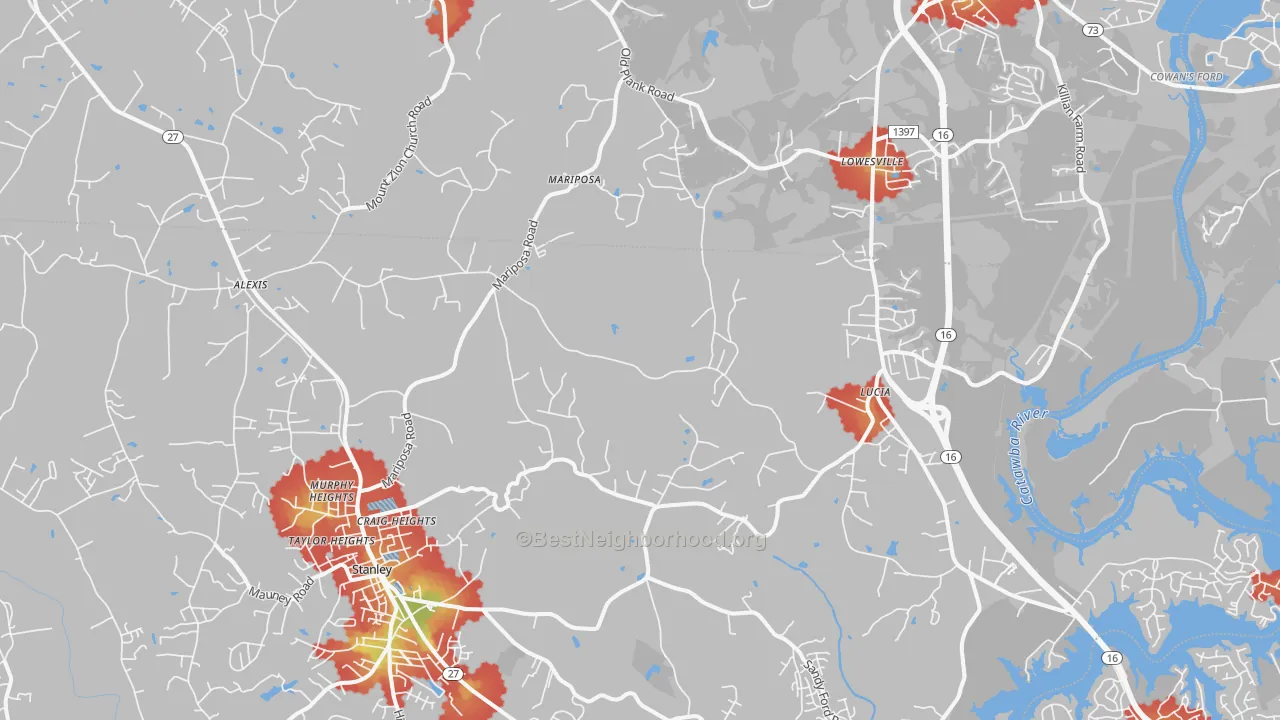Walk Grade map of 28164, NC, walkable areas in green and car-dependent areas in red