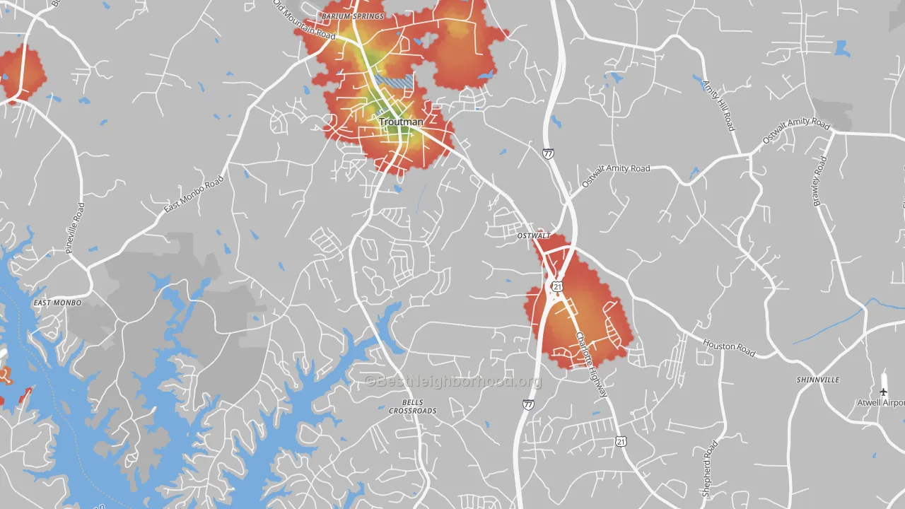 Walk Grade map of 28166, NC, walkable areas in green and car-dependent areas in red