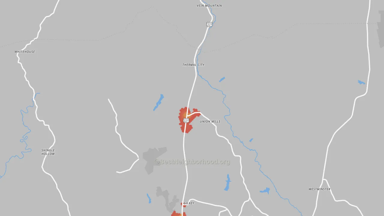 Walk Grade map of 28167, NC, walkable areas in green and car-dependent areas in red
