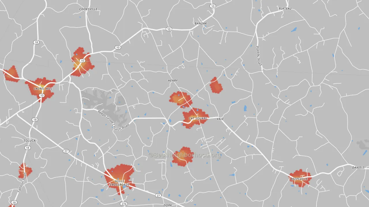 Walk Grade map of 28168, NC, walkable areas in green and car-dependent areas in red