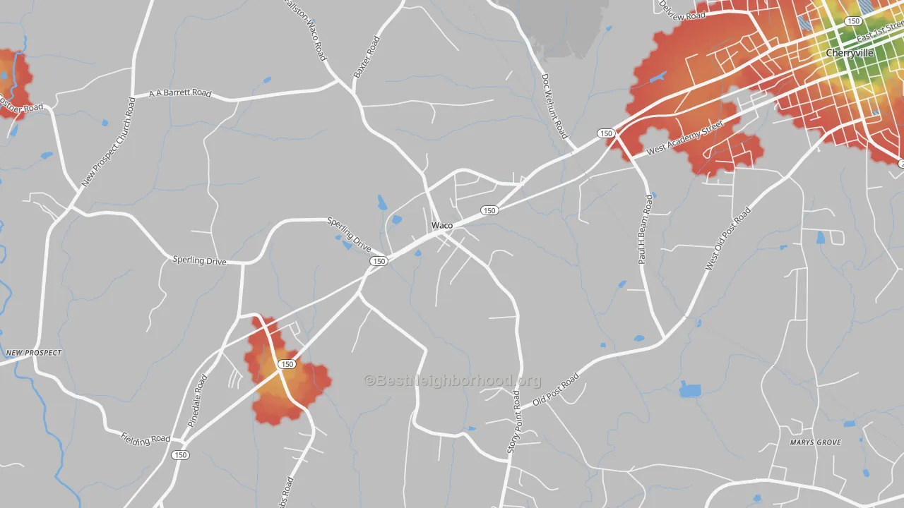 Walk Grade map of 28169, NC, walkable areas in green and car-dependent areas in red