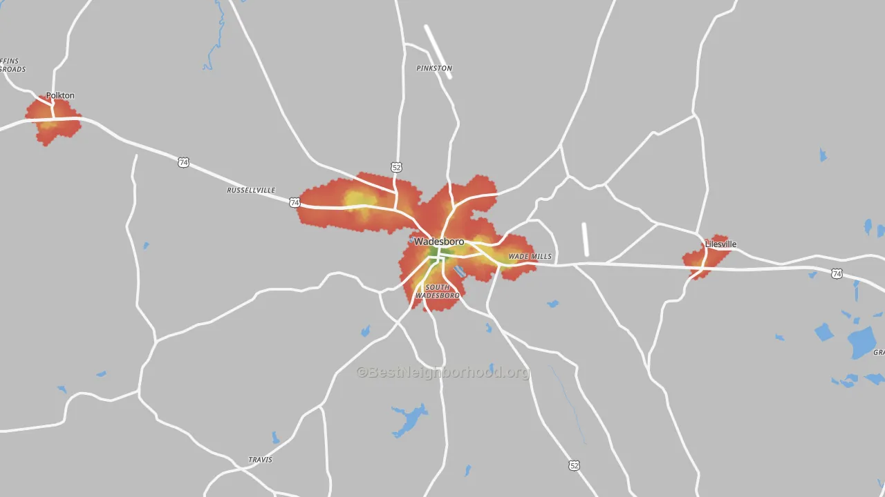 Walk Grade map of 28170, NC, walkable areas in green and car-dependent areas in red
