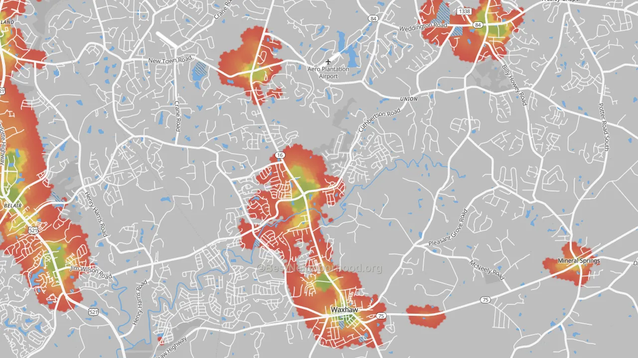 Walk Grade map of 28173, NC, walkable areas in green and car-dependent areas in red