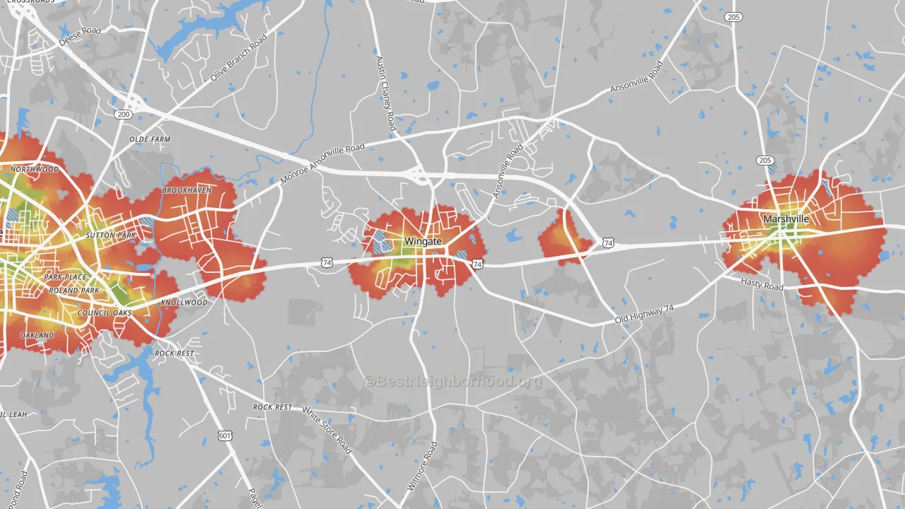 Walk Grade map of 28174, NC, walkable areas in green and car-dependent areas in red