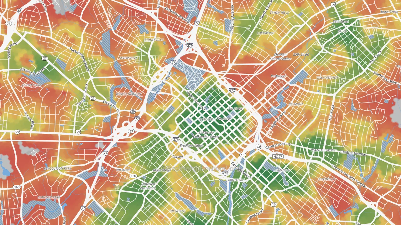 Walk Grade map of 28202, NC, walkable areas in green and car-dependent areas in red