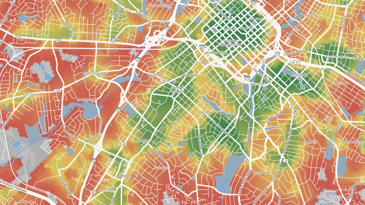 Walk Grade map of 28203, NC, walkable areas in green and car-dependent areas in red