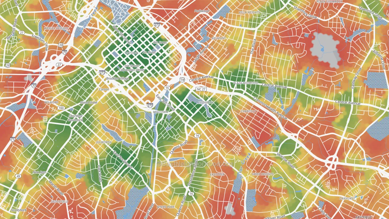 Walk Grade map of 28204, NC, walkable areas in green and car-dependent areas in red