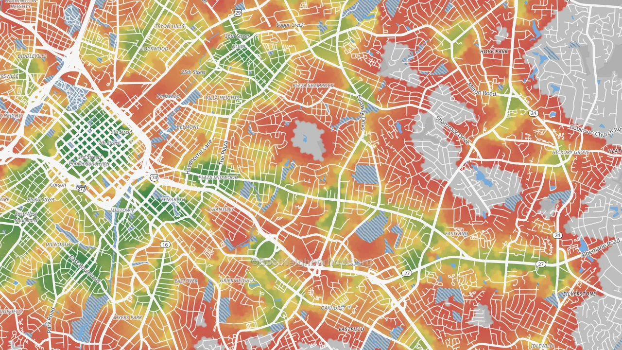 Walk Grade map of 28205, NC, walkable areas in green and car-dependent areas in red