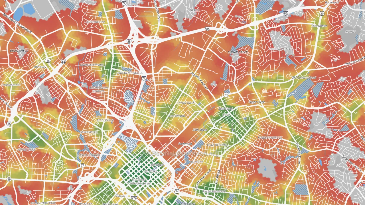 Walk Grade map of 28206, NC, walkable areas in green and car-dependent areas in red