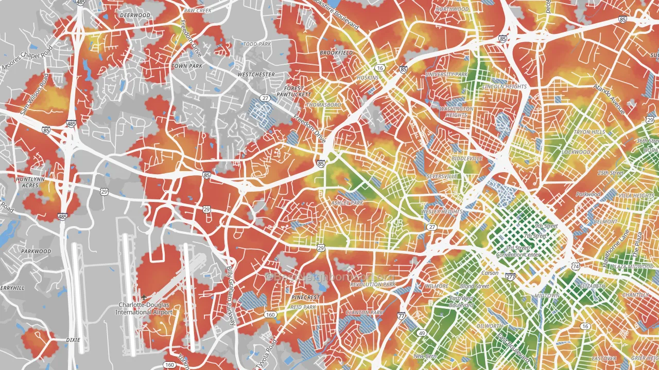 Walk Grade map of 28208, NC, walkable areas in green and car-dependent areas in red