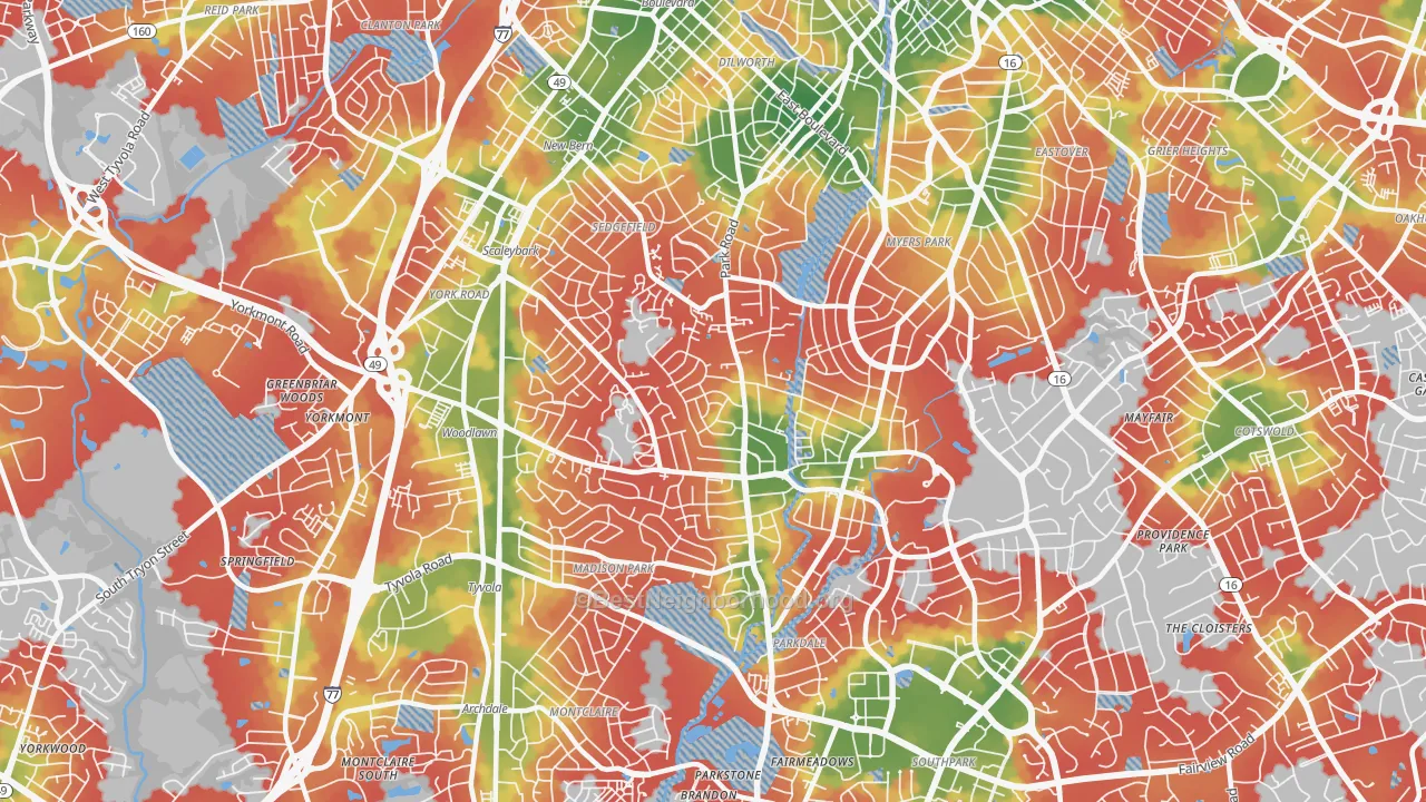 Walk Grade map of 28209, NC, walkable areas in green and car-dependent areas in red