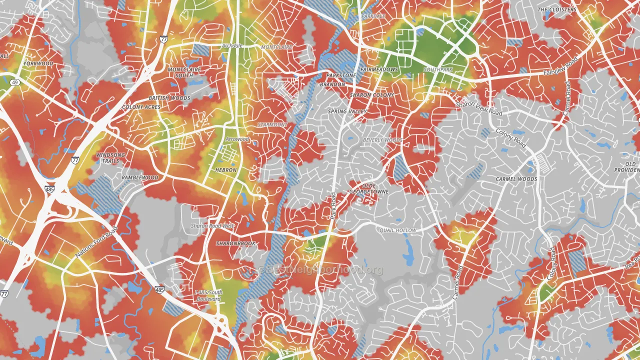 Walk Grade map of 28210, NC, walkable areas in green and car-dependent areas in red