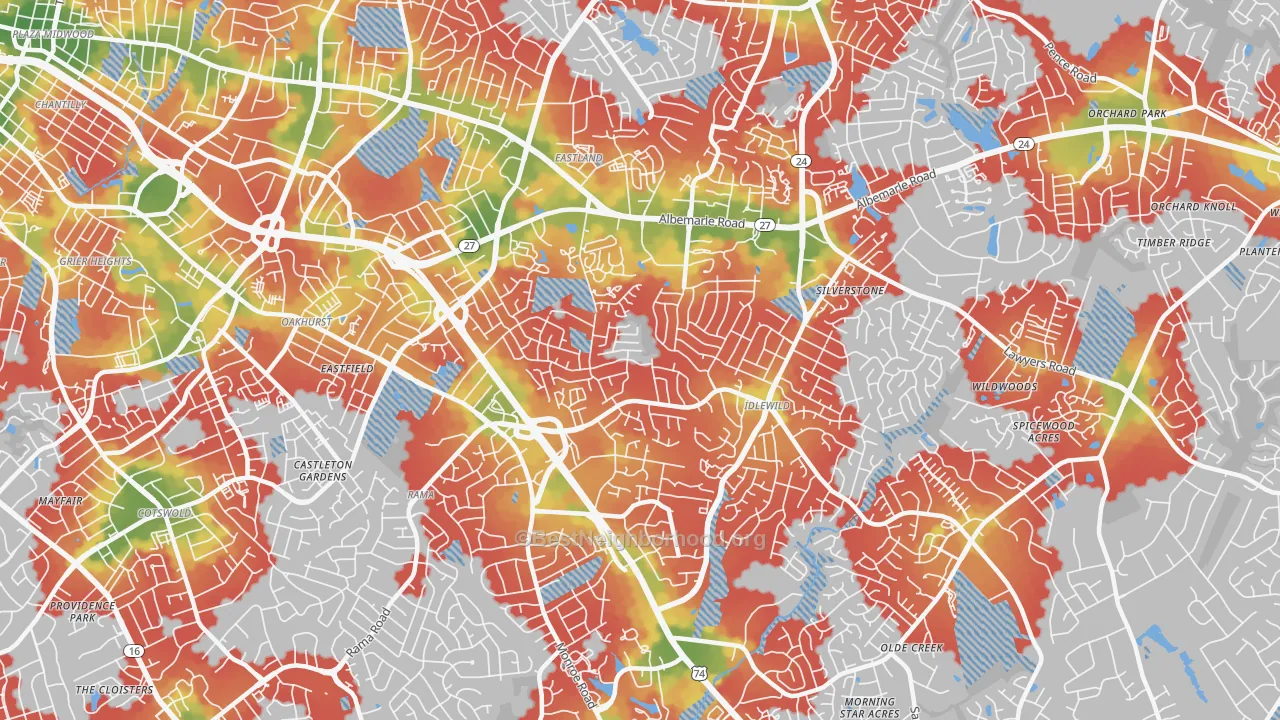 Walk Grade map of 28212, NC, walkable areas in green and car-dependent areas in red