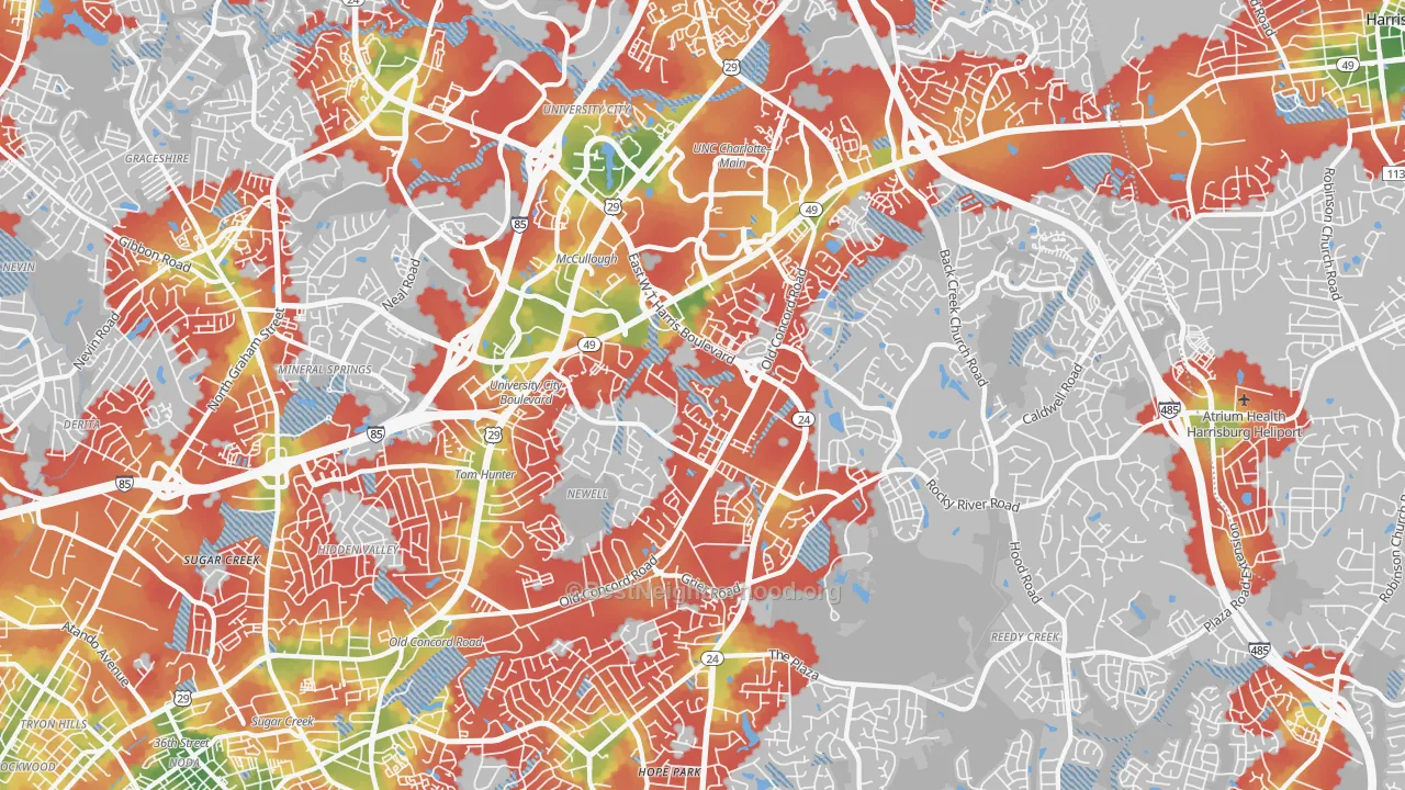 Walk Grade map of 28213, NC, walkable areas in green and car-dependent areas in red