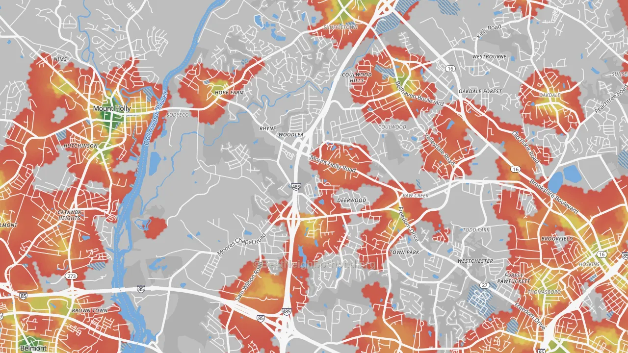 Walk Grade map of 28214, NC, walkable areas in green and car-dependent areas in red