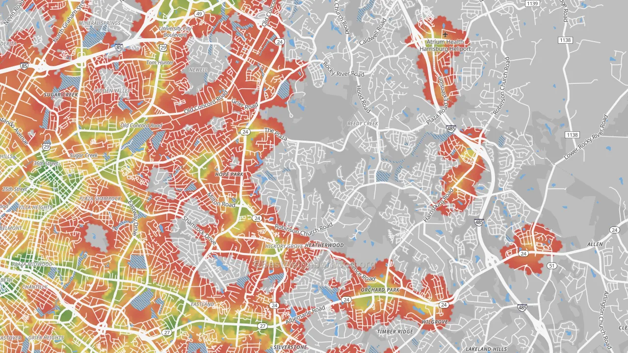 Walk Grade map of 28215, NC, walkable areas in green and car-dependent areas in red
