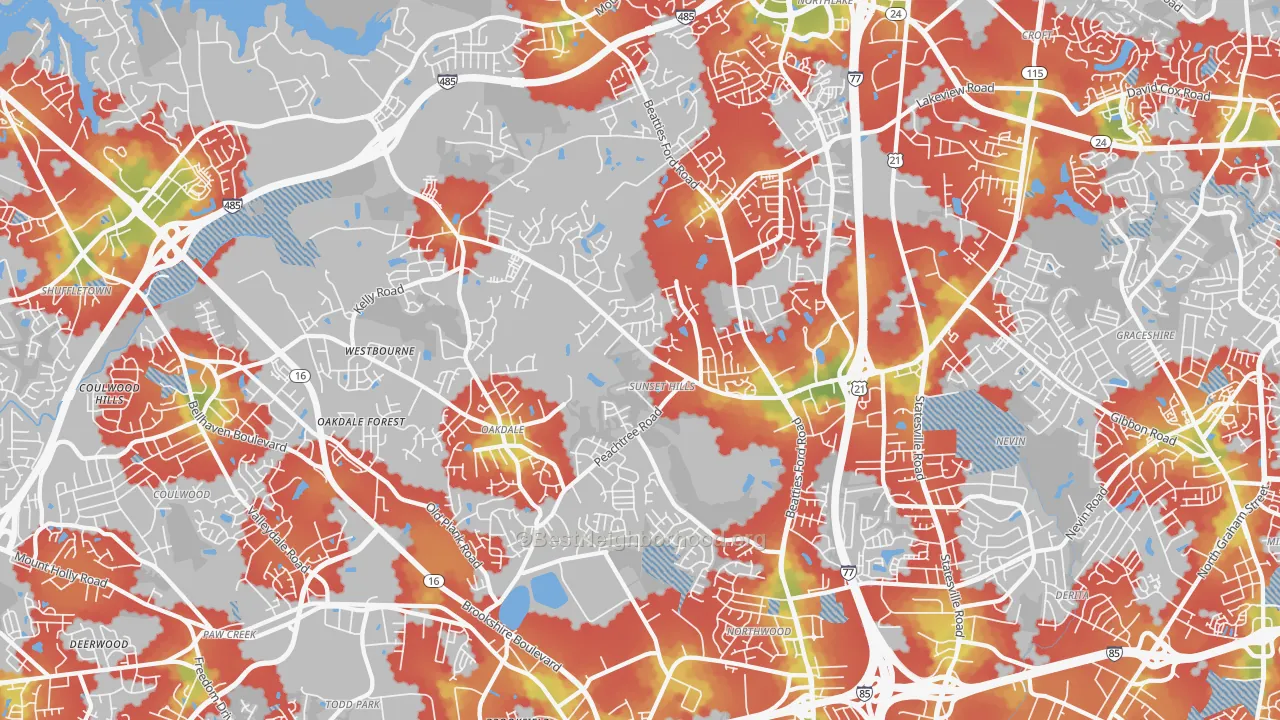 Walk Grade map of 28216, NC, walkable areas in green and car-dependent areas in red