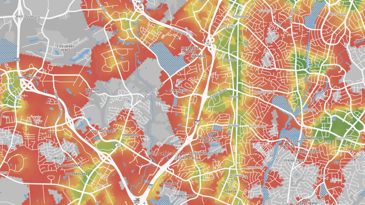 Walk Grade map of 28217, NC, walkable areas in green and car-dependent areas in red