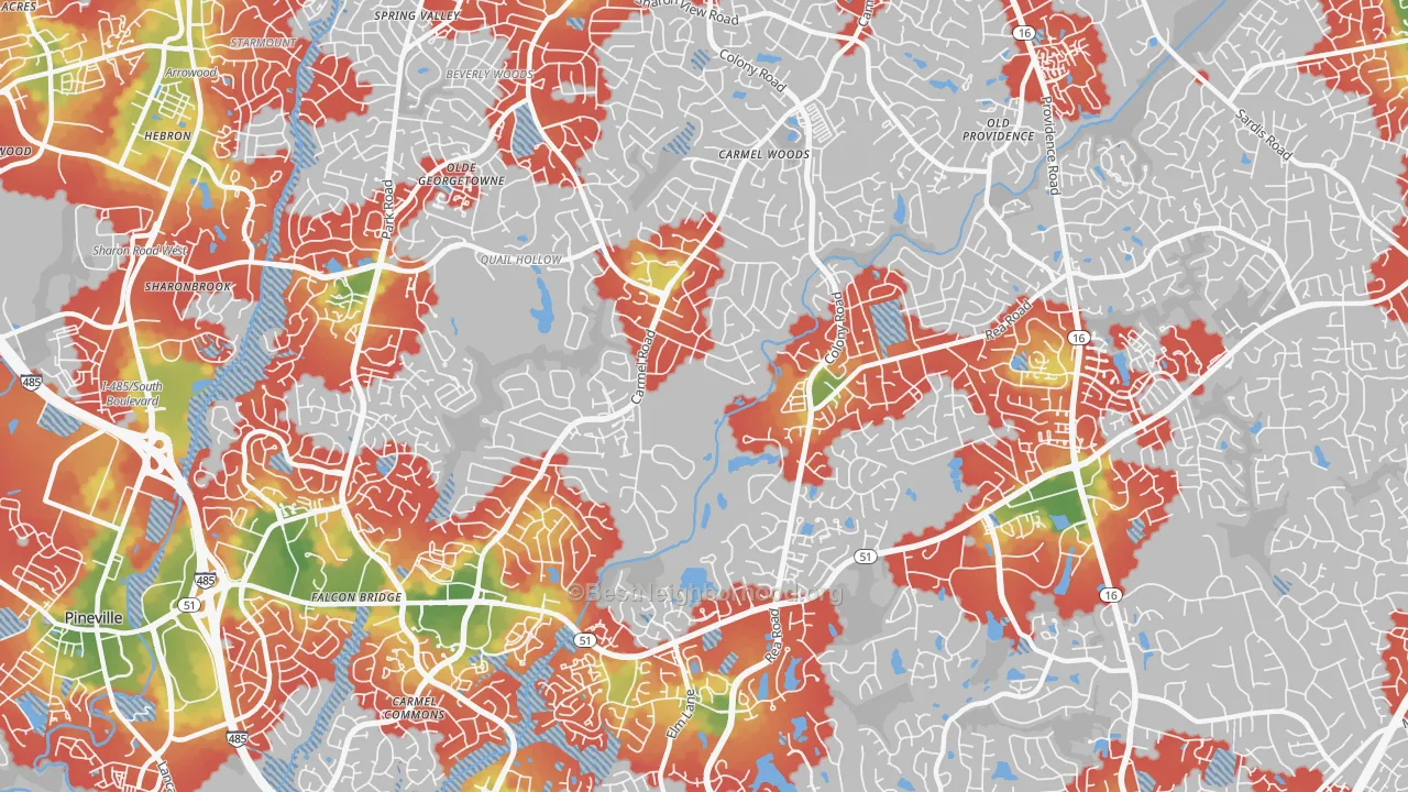Walk Grade map of 28226, NC, walkable areas in green and car-dependent areas in red