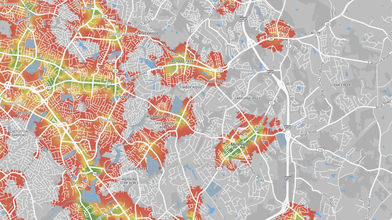 Walk Grade map of 28227, NC, walkable areas in green and car-dependent areas in red