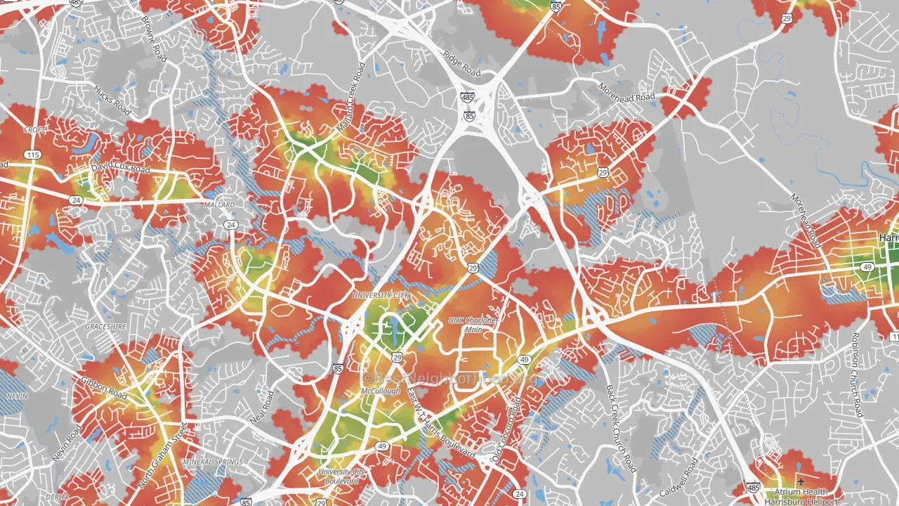 Walk Grade map of 28262, NC, walkable areas in green and car-dependent areas in red