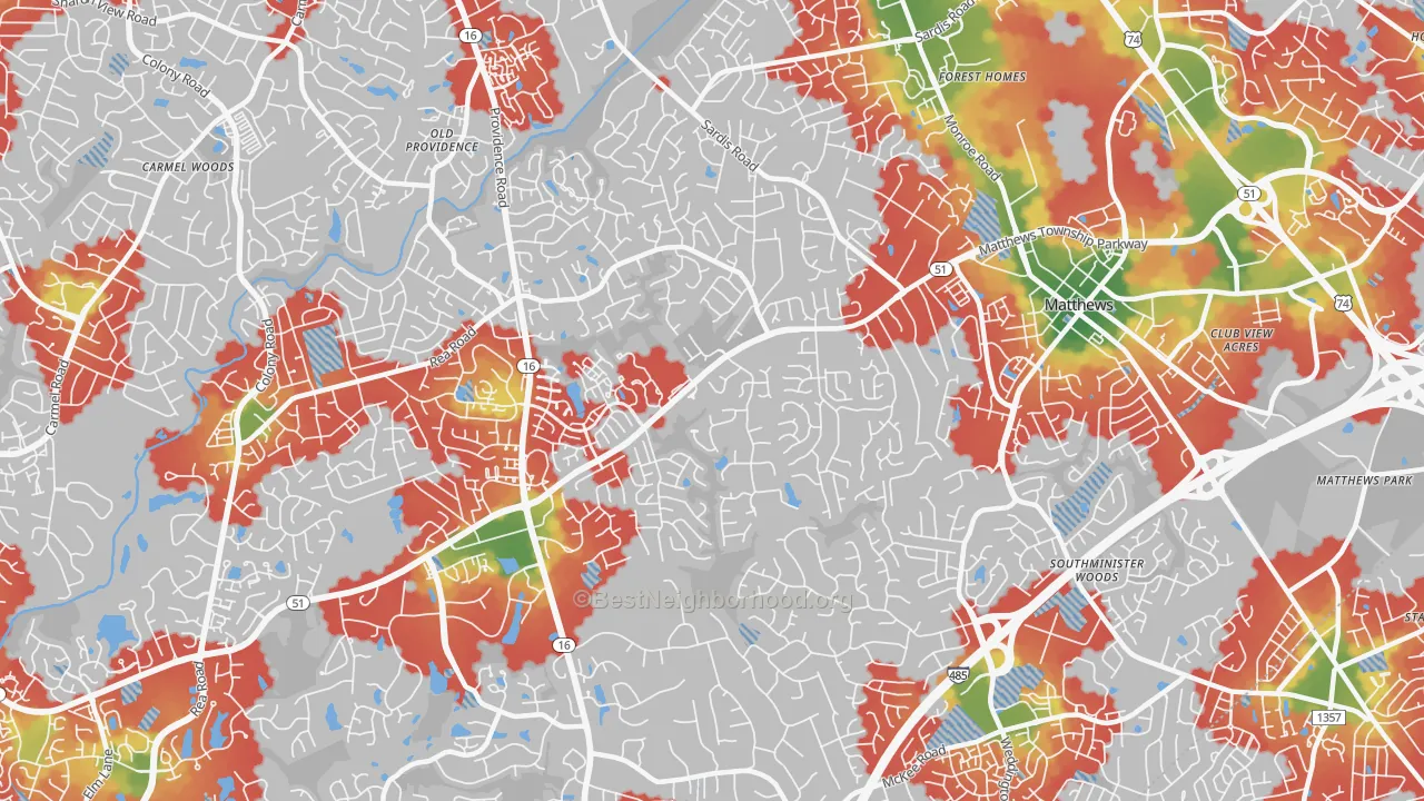 Walk Grade map of 28270, NC, walkable areas in green and car-dependent areas in red