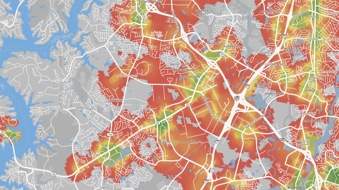 Walk Grade map of 28273, NC, walkable areas in green and car-dependent areas in red