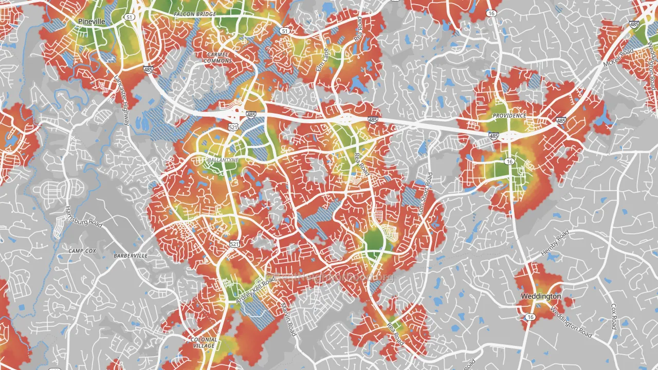 Walk Grade map of 28277, NC, walkable areas in green and car-dependent areas in red