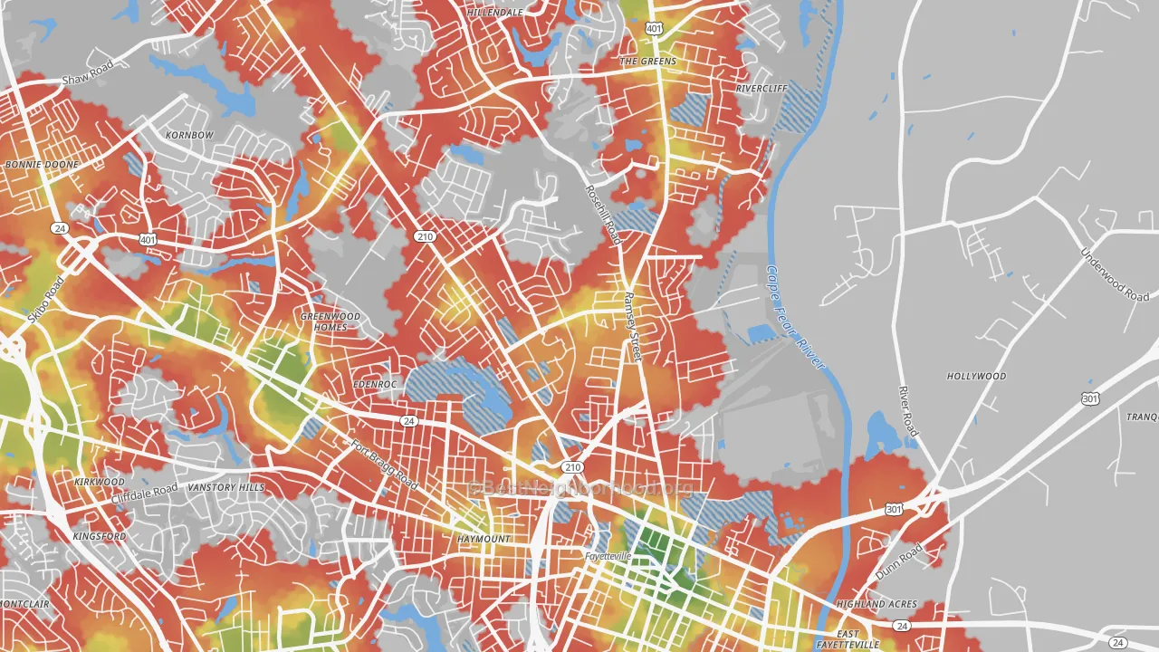 Walk Grade map of 28301, NC, walkable areas in green and car-dependent areas in red