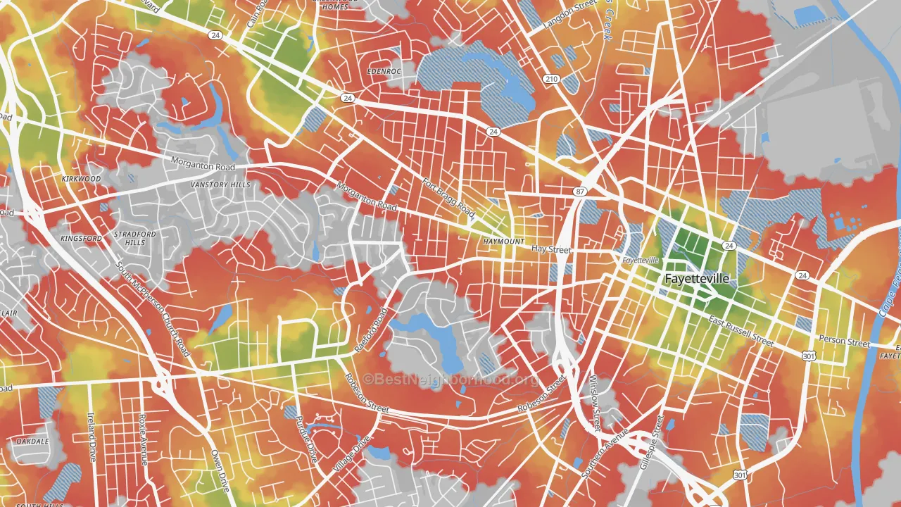 Walk Grade map of 28305, NC, walkable areas in green and car-dependent areas in red