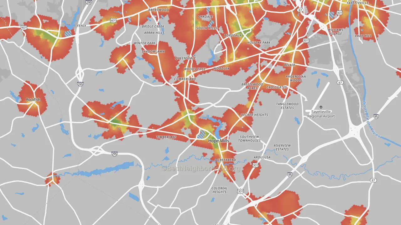 Walk Grade map of 28306, NC, walkable areas in green and car-dependent areas in red
