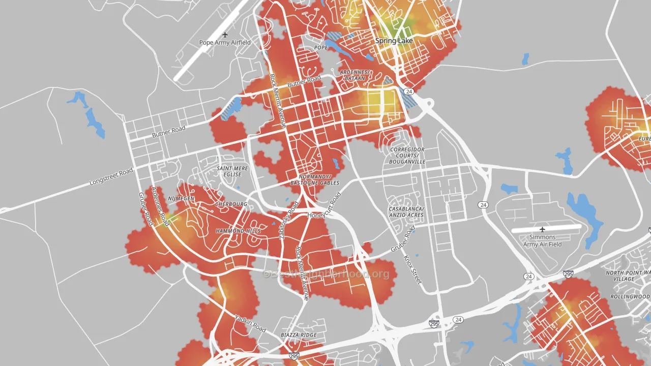 Walk Grade map of 28307, NC, walkable areas in green and car-dependent areas in red