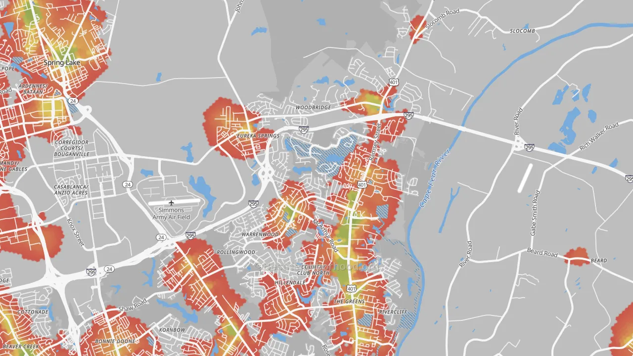 Walk Grade map of 28311, NC, walkable areas in green and car-dependent areas in red