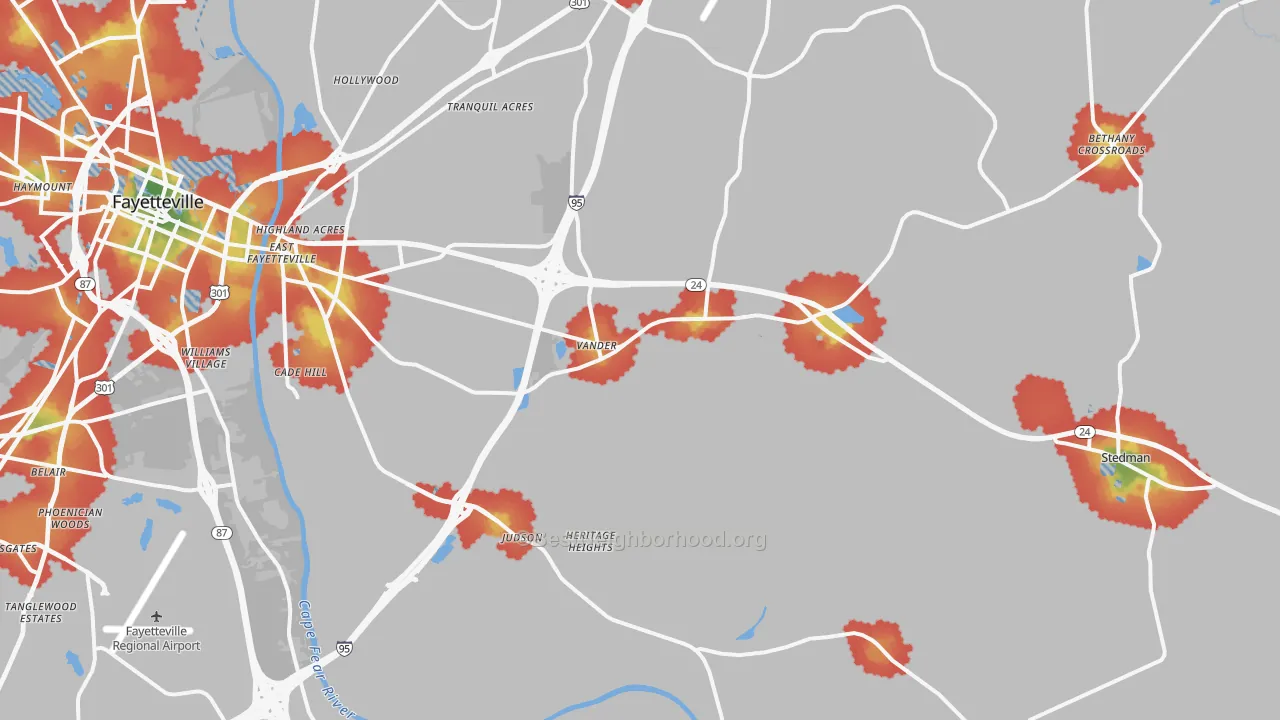 Walk Grade map of 28312, NC, walkable areas in green and car-dependent areas in red